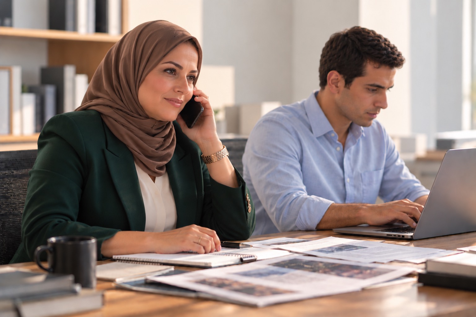 A communications manager calling an outlet while a colleague drafts a statement