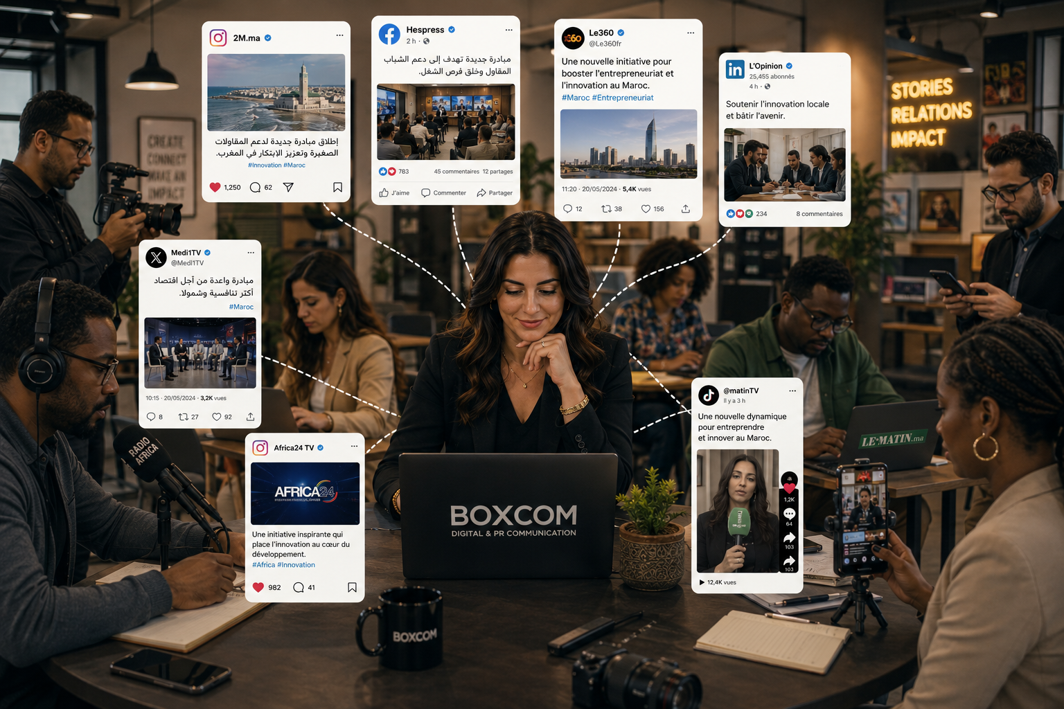A connected online conversation moving across social media posts and audiences
