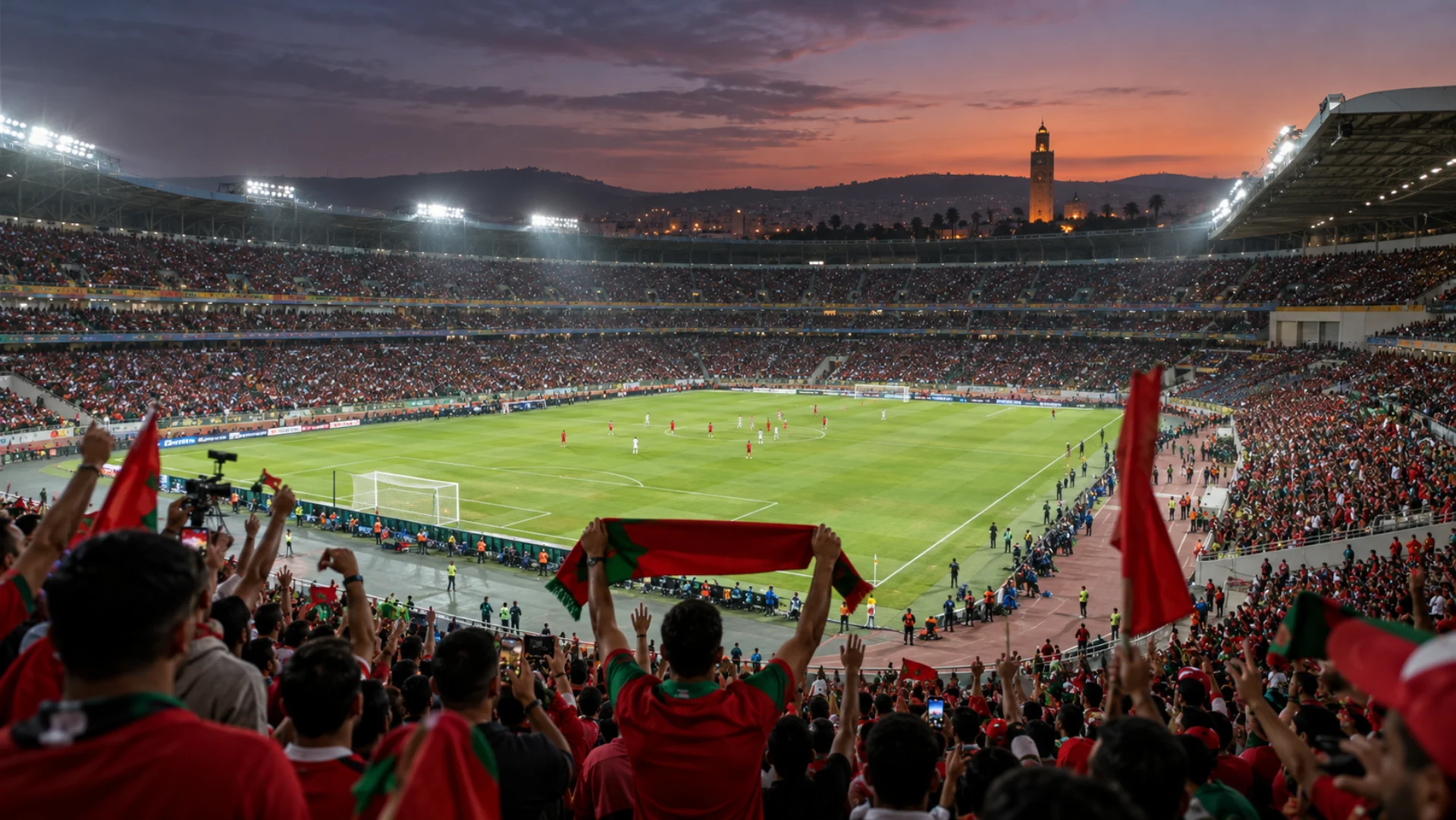 Moroccan football supporters filling a stadium during a night match